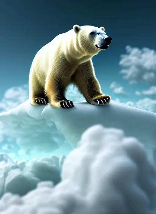 Image similar to a digital painting of a polar bear surrounded by clouds, an ambient occlusion render by mike winkelmann, cgsociety, fantasy art, fractalism, tesseract, rendered in cinema 4 d