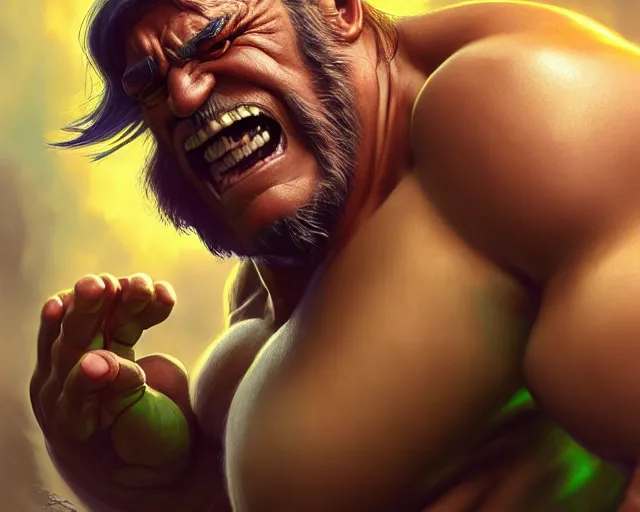 Image similar to photography of hulk hogan as the hulk, deep focus, d & d, fantasy, intricate, elegant, highly detailed, digital painting, artstation, concept art, matte, sharp focus, illustration, hearthstone, art by artgerm and greg rutkowski and alphonse mucha