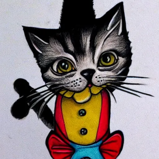 Image similar to adorable cat dressed as a clown tattoo design