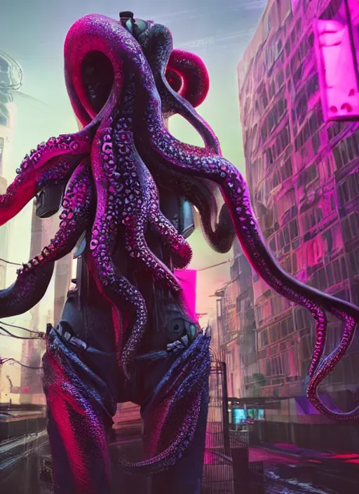 Image similar to hyperrealism, detailed textures, photorealistic 3 d cyberpunk octopus queen in apocalyptic city, futuristic clothing and helmet, neon colors, ultra realistic, cinematic, intricate, low light, unreal engine 8 k