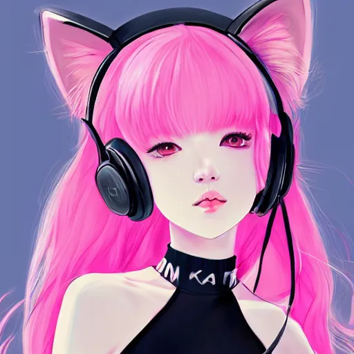 Image similar to realistic beautiful gorgeous natural cute Blackpink Lalisa Manoban pink hair cute fur pink cat ears, wearing white camisole summer outfit, headphones, black leather choker artwork drawn full HD 4K highest quality in artstyle by professional artists WLOP, Aztodio, Taejune Kim, Guweiz on Pixiv Artstation