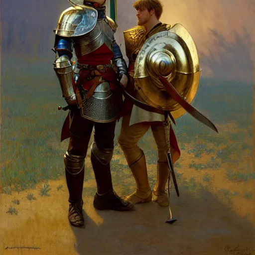 Image similar to attractive arthur pendragon and his attractive male knight, they are in love, natural lighting, path traced, highly detailed, high quality, digital painting, by gaston bussiere, craig mullins, alphonse mucha j. c. leyendecker