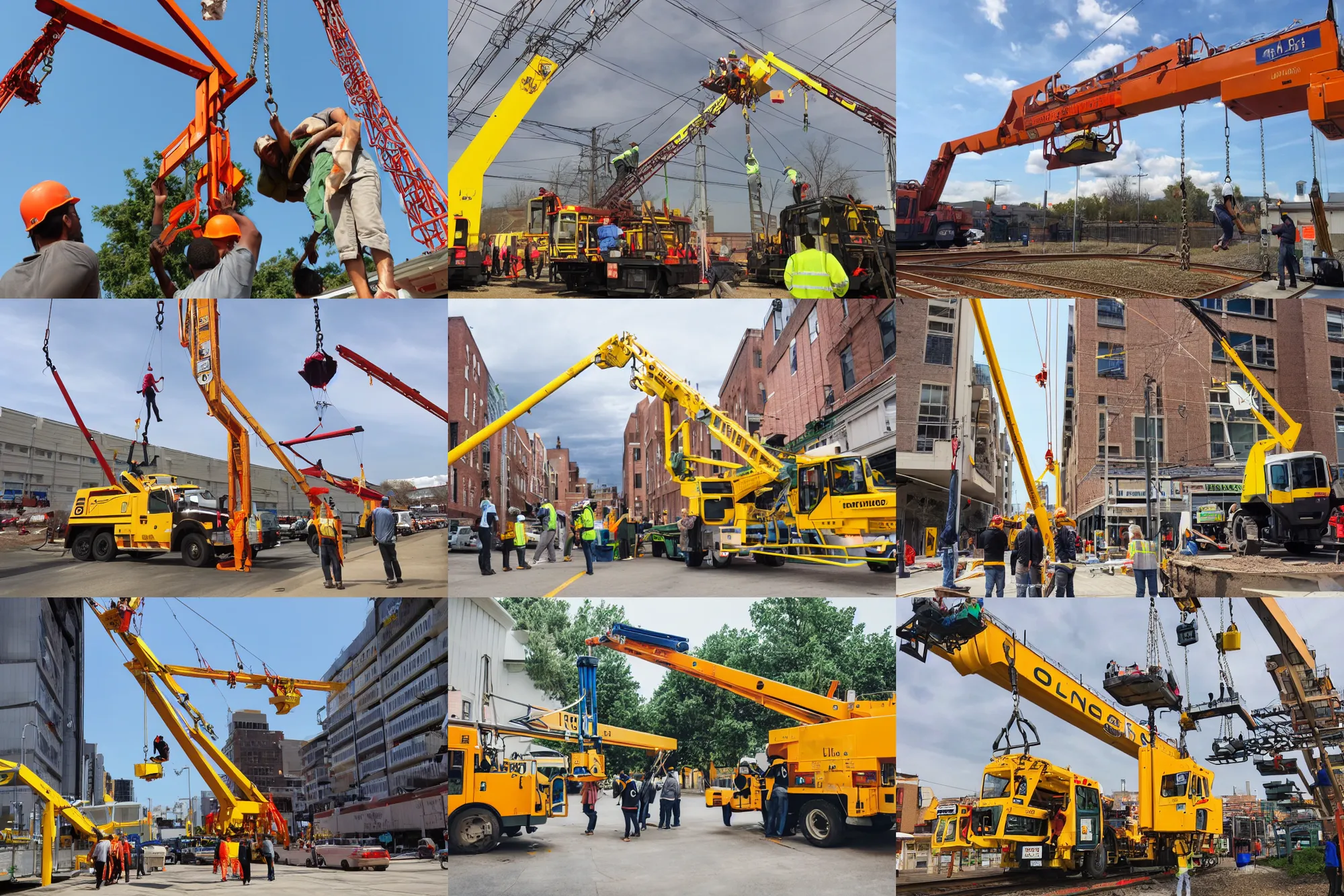 Image similar to hoisting crane grabs a person from the line going to the store