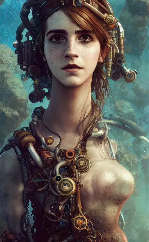 Image similar to underwater steampunk biopunk portrait of emma watson, au naturel, hyper detailed, digital art, trending in artstation, cinematic lighting, studio quality, smooth render, unreal engine 5 rendered, octane rendered, art style by klimt and nixeu and ian sprigger and wlop and krenz cushart.