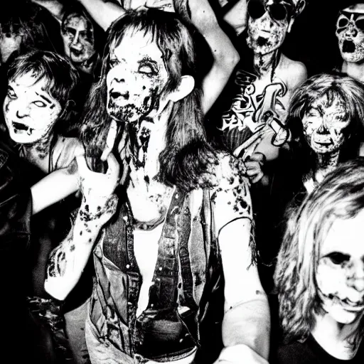 Image similar to zombies at a punk rock concert, highly detailed photo from 1985, black and white