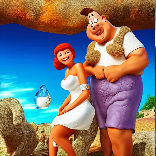 Image similar to fred and wilma flinstone honeymoon highly realistic digital photograph