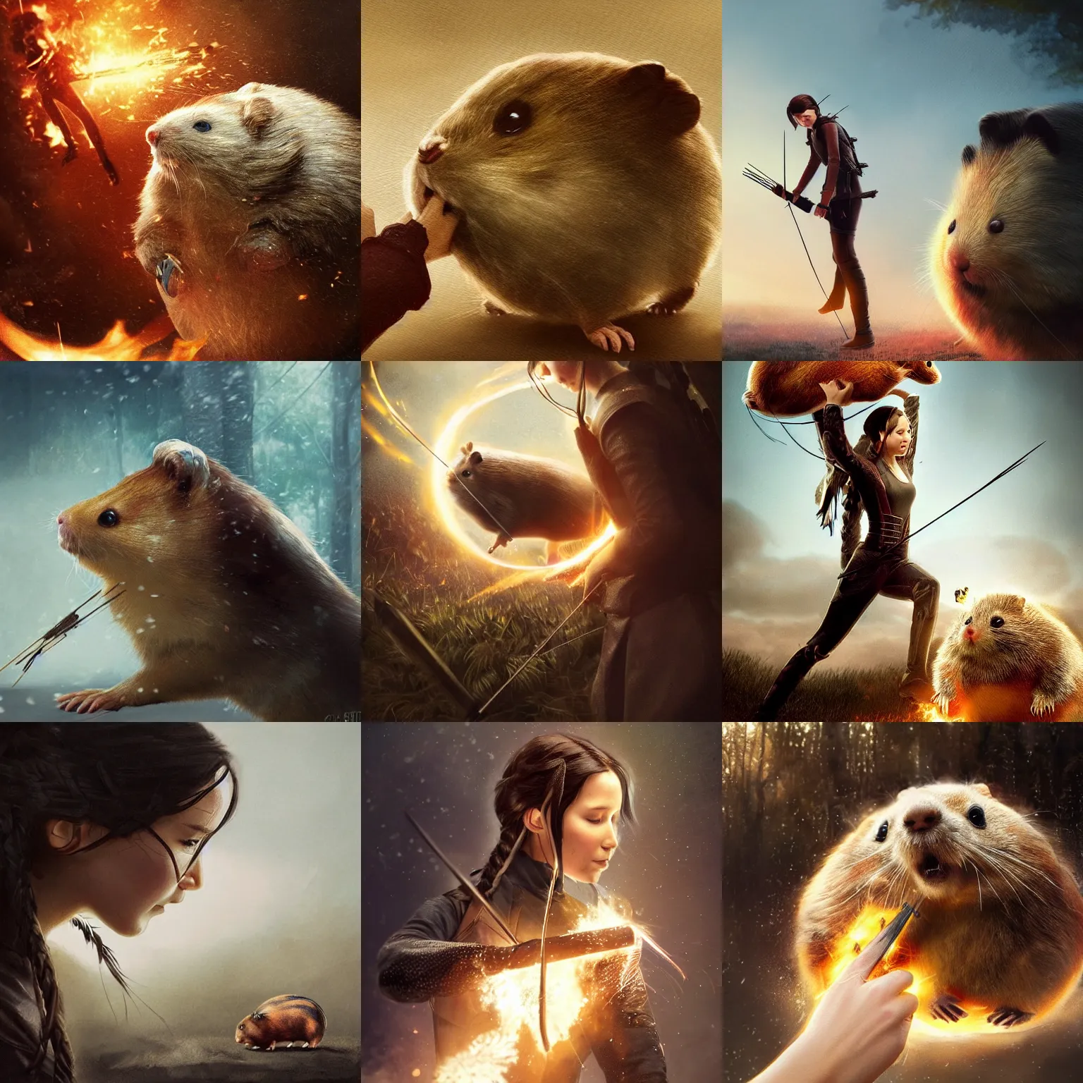 Prompt: katniss everdeen patting a giant hamster on the head, digital art by greg rutkowski, but as macro!!!!! photography