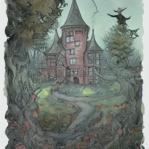 Image similar to james jean watercolor of a haunted castle in the woods, set an the end of a winding road