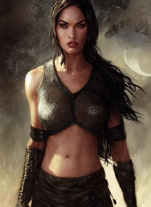 Image similar to megan fox with pixie haircut, beautiful highly detailed face, complementary lighting, backlit, black eyeshadow, grinning, adventure, dramatic lighting, landscape background, beautiful painting by artgerm and greg rutkowski and raymond swanland