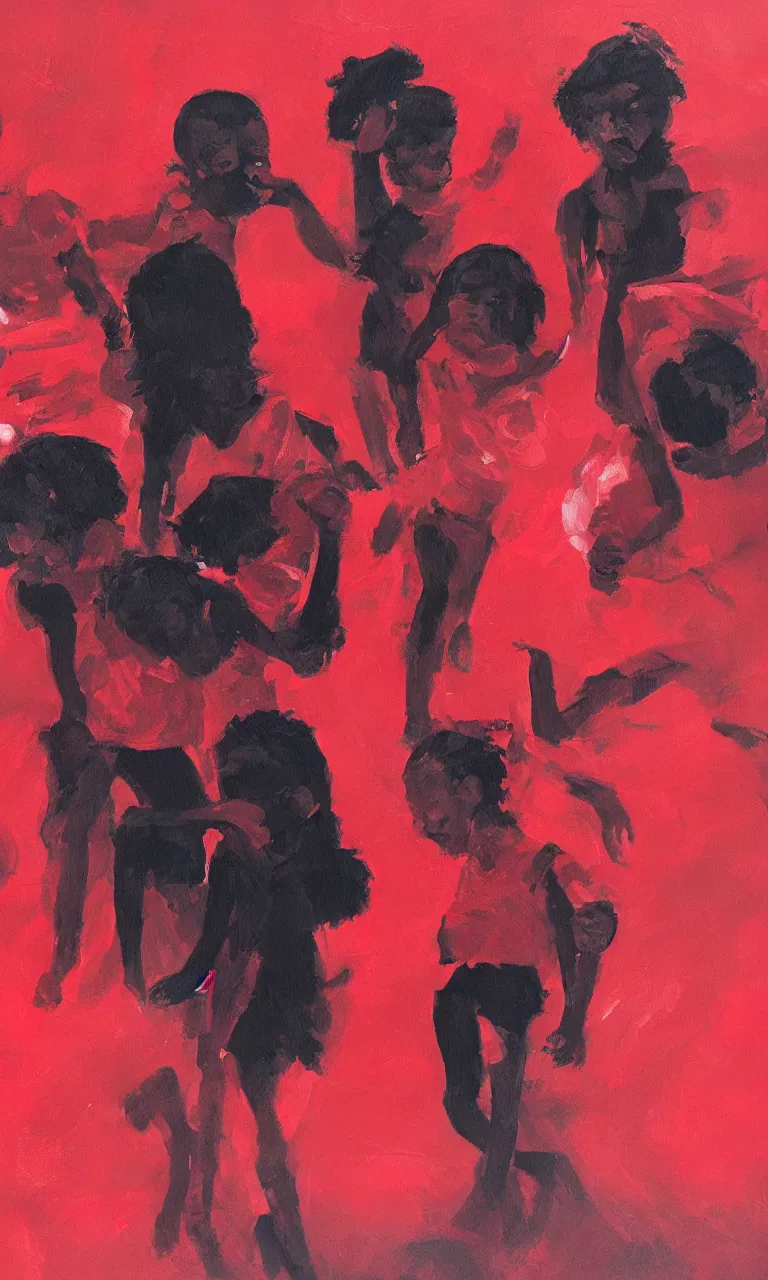 Prompt: black kids mixing with together in a cloudy red abstract background , a detailed painting by Wen Hsu, trending on artstation