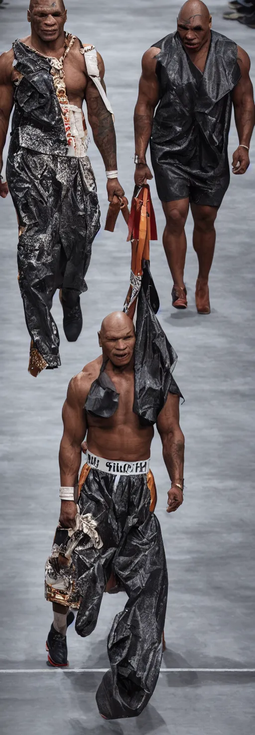 Image similar to hyperrealistic and heavy detailed 2321s runway show of mike tyson , Leica SL2 50mm, vivid color, high quality, high textured