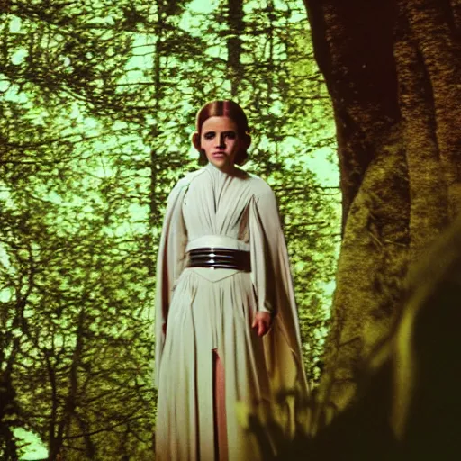 Image similar to film still of emma watson as princess leia organa in star wars, polaroid, photography, film, kodak, beautiful landscape, alderaan, green, trees, foliage, futuristic buildings