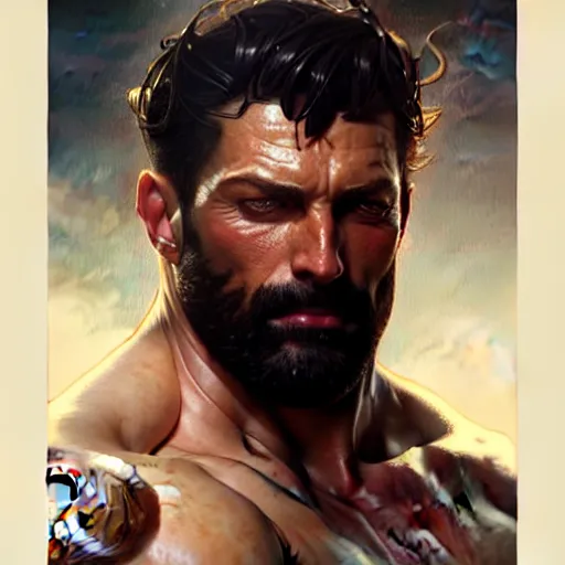 Image similar to , heavy muscular rugged man , fantasy, intricate, elegant, highly detailed, digital painting, artstation, concept art, smooth, sharp focus, illustration, art by artgerm and greg rutkowski and alphonse mucha