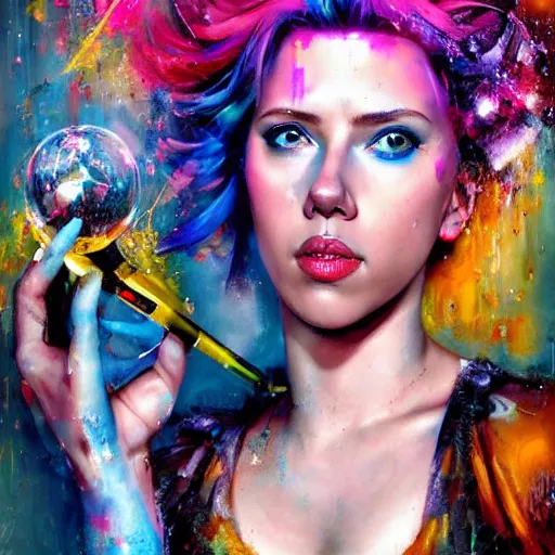 Prompt: scarlett johansson as delirium from sandman, ( hallucinating colorful soap bubbles ), by jeremy mann, by sandra chevrier, by jean giraud and maciej kuciara, punk rock, tank girl, high detailed, 8 k