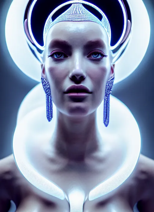 Image similar to portrait of an absurdly beautiful, graceful, sophisticated, fashionable futuristic woman, hyperdetailed illustration by irakli nadar and alexandre ferra, intricate linework, white porcelain skin, faberge, neon headdress, dark atmosphere, unreal engine 5 highly rendered, global illumination, radiant light, detailed and intricate environment