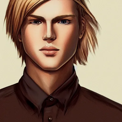 Image similar to a young blond man with long hair wearing a brown shirt, clean shaved, a character portrait by lydia field emmet, trending on cg society, photorealism, wiccan, handsome, ilya kuvshinov