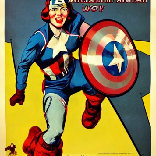 Image similar to female captain america. wwii american propaganda poster by james gurney