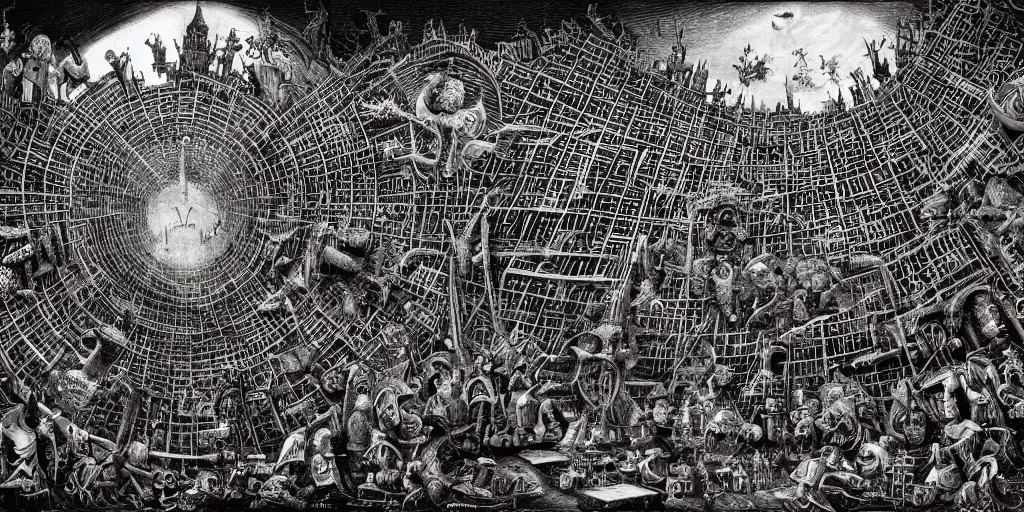 Image similar to labyrinth megastructure in the style of heironymus bosch, dark intricate masterpiece, hyper detailed, hd