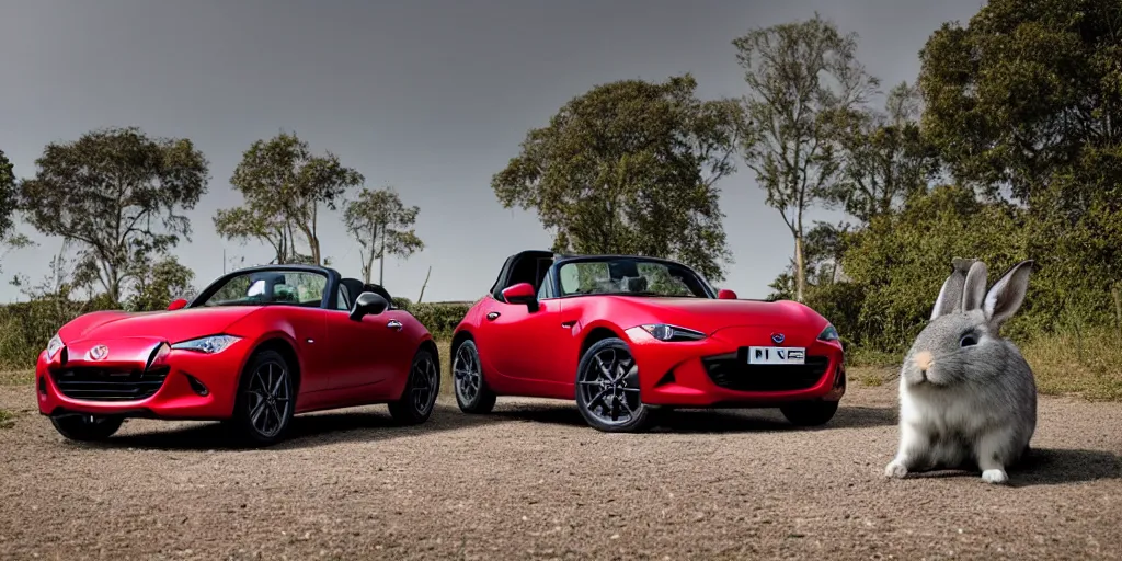 Prompt: a wide angle photograph of a grey rabbit posing next to a red mazda mx-5