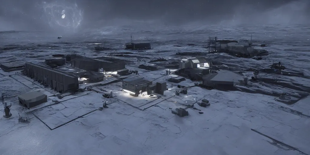 Image similar to hadley's hope base on lv 4 2 6 in the middle of the storm, atmosphere processor in the background, night, photorealistic, highly detailed, wide angle