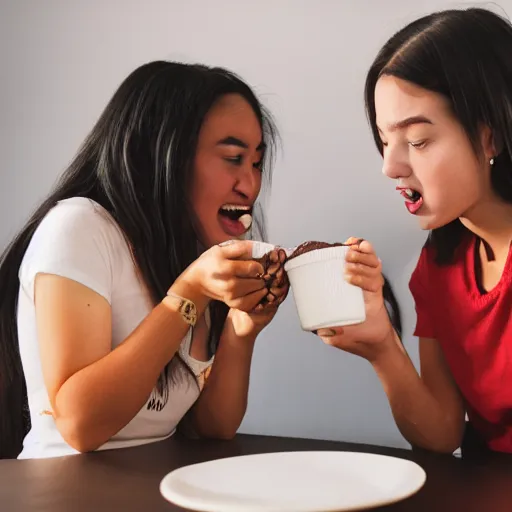 Prompt: two young women fighting over a cup of chocolate pudding, 4k, 35mm