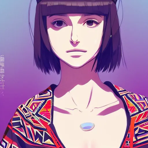 Image similar to a beautiful! boyish! natalie portman alluring gravure! model, wearing oversized aztec bomber jacket and leotard, poofy bomber jacket with mayan patterns, gapmoe yandere grimdark, trending on pixiv fanbox, painted by greg rutkowski makoto shinkai takashi takeuchi studio ghibli, akihiko yoshida