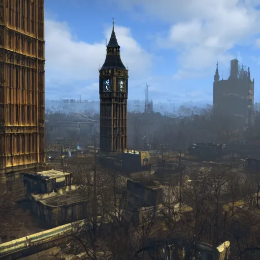 Prompt: The ruins of Big Ben, screenshot from Fallout 4