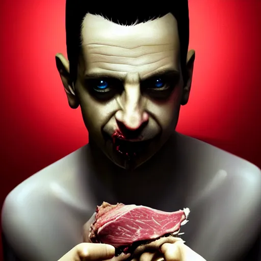 Image similar to portrait of a young and youthful dave gahan as a zombie eating some meat and under a spotlight, 7 days to die zombie, fine art, award winning, intricate, elegant, sharp focus, cinematic lighting, highly detailed, digital painting, 8 k concept art, art by guweiz and z. w. gu, masterpiece, trending on artstation, 8 k