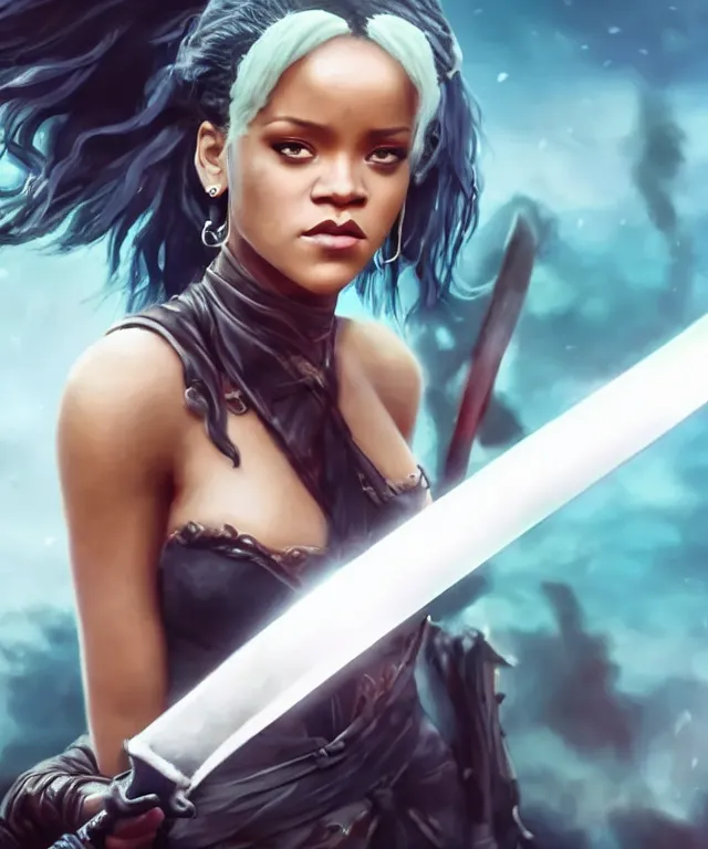 Prompt: a beautiful cinematic image of a Rihanna wielding a sword, cinematic, 4k, realistic, anime artwork, rtx, hyperrealistic, unreal