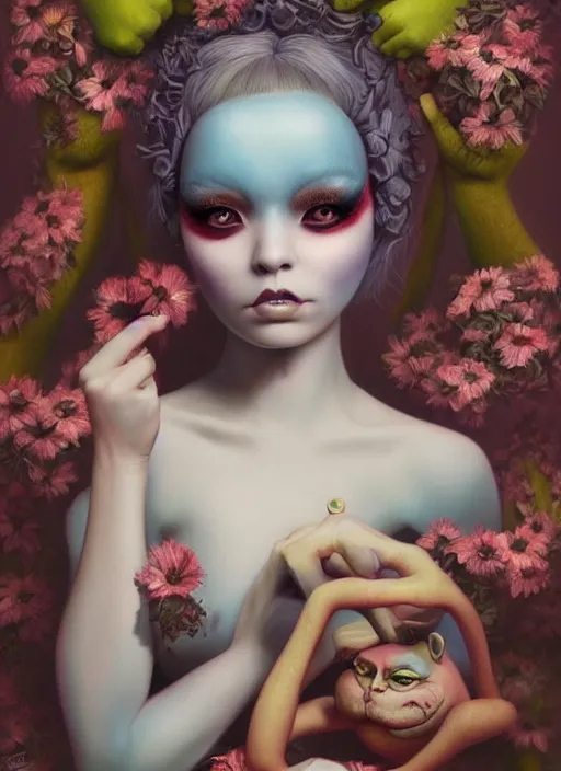 Image similar to pop surrealism, lowbrow art, realistic shrek painting, japanese street fashion, hyper realism, muted colours, rococo, natalie shau, loreta lux, tom bagshaw, mark ryden, trevor brown style,