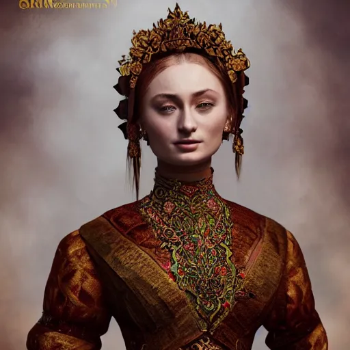 Image similar to sophie turner in javanese victorian clothing, hyper realistic, ambient lighting, concept art, intricate, hyper detailed, smooth, dynamic volumetric lighting, octane, raytrace, cinematic, high quality, high resolution, 4 k, cgsociety, rutkowski, gurney