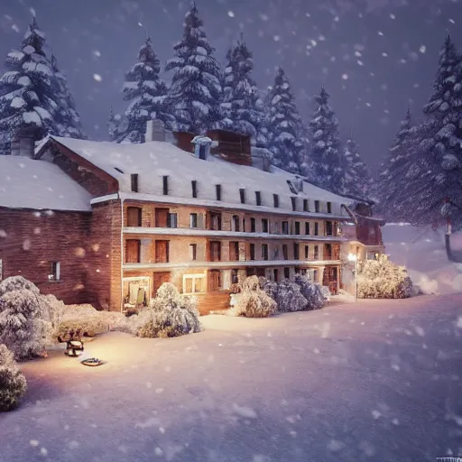 Image similar to cozy little hotel in the snowy mountains, octane render, hyperrealistic, details, cryengine, artstation trending, by greg rutkowsky