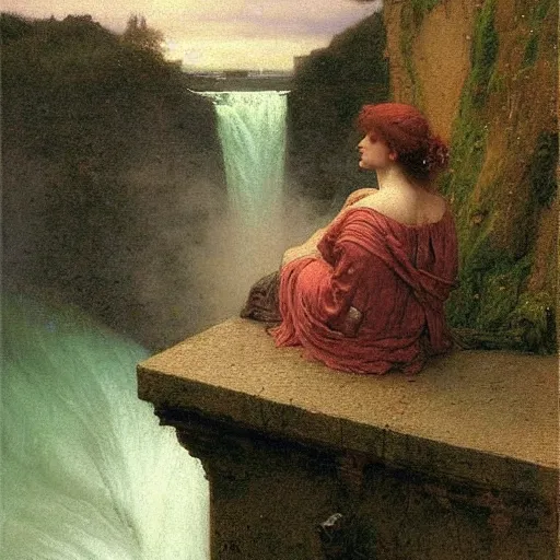 Image similar to a renaissance oil painting by alma tadema of a woman turned back on a stone balcony covered in moss with over shoulder view on the niagara falls waterfall at night, colourful pastel artstation greg rutkowski, detailed academic bouguereau, sharp focus