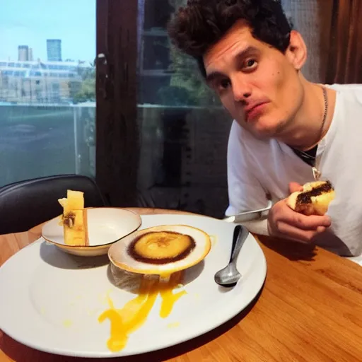 Prompt: john mayer eating a banana creme brule ( dont ask )