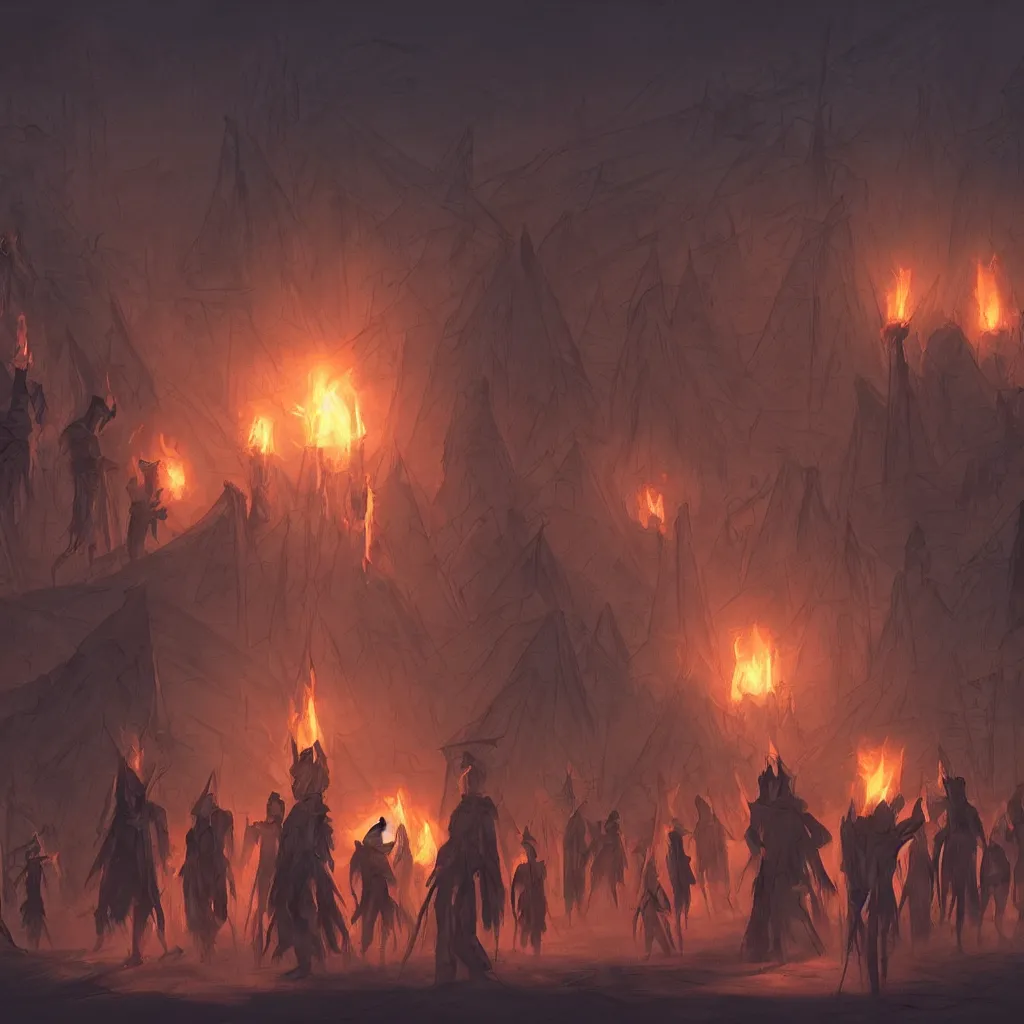 Prompt: illustration of a small group of dark figures weakly illuminated by torches in a mysterious ritual among futuristic pyramids at night, crescent moon shining above, concept art, artstation