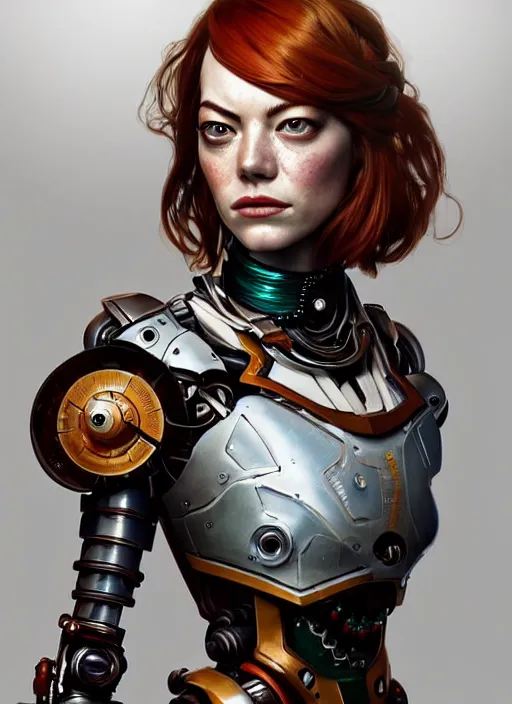 Prompt: portrait of emma stone, robot steampunk, floral! horizon zero dawn machine, intricate, elegant, highly detailed, ray tracing, digital painting, artstation, concept art, smooth, sharp focus, illustration, art by artgerm and greg rutkowski and alphonse mucha, 8 k