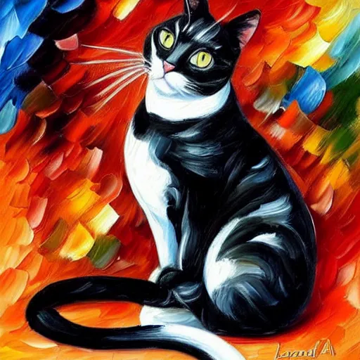 Image similar to portrait painting of a black and white cat wearing a red dress by Leonid Afremov