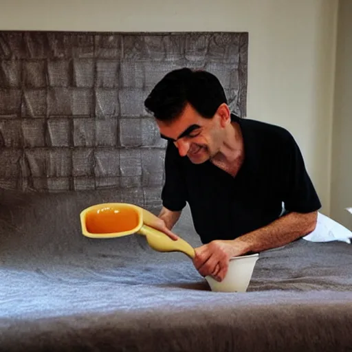 Image similar to mr. bean pouring beans on his bed