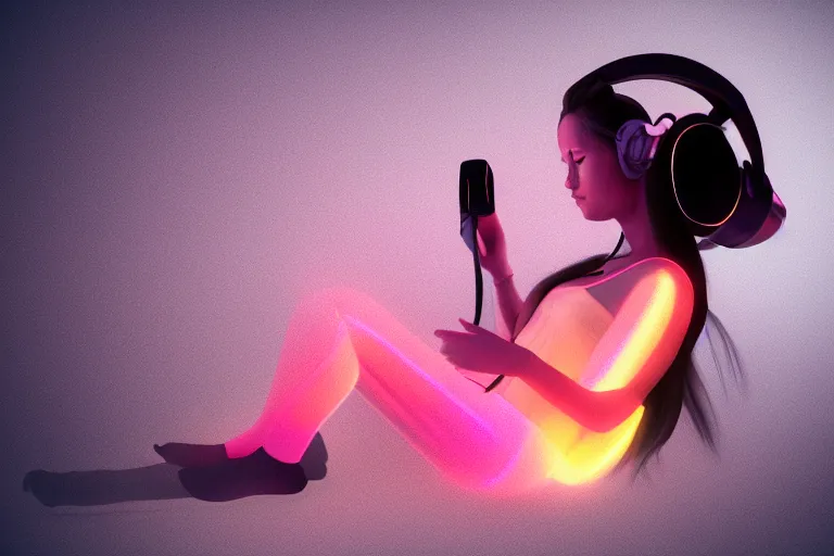 Prompt: a cute girl wearing headphones sitting on a cloud relaxing, misty, glows, blender render, hazy, foggy, red lighting, ambient lighting, 8 k, neon, synthwave, cyberpunk,
