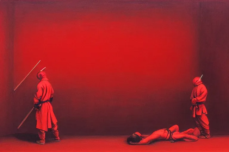 Image similar to only with red, a red samurai do seppuku, tokio, a lot of frogs watch, in the style of beksinski, parts by edward hopper, parts by rodcenko, parts by yue minjun, intricate and epic composition, red by caravaggio, insanely quality, highly detailed, masterpiece, red light, artstation, 4 k