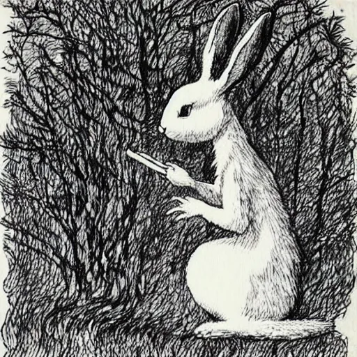 Image similar to drawing of a white bunny smoking a big cigarette in the deep tangled forest, by edward gorey, by gustav dore