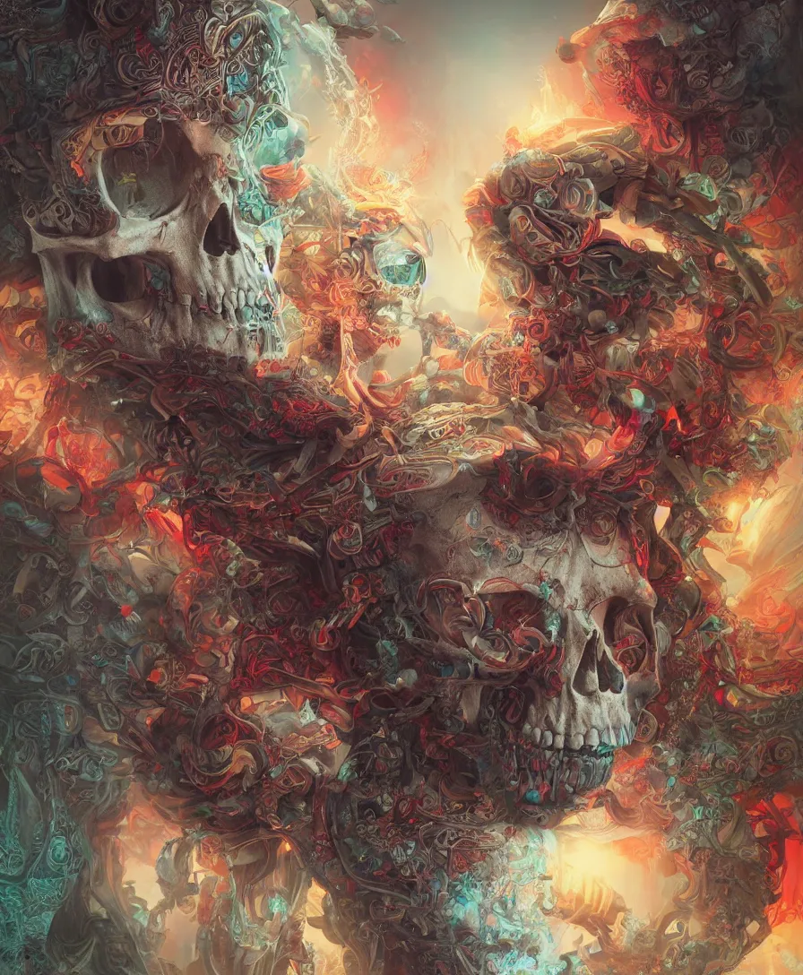 Prompt: skull afterlife, high detail, deviantart, artstation, octane render, cinematic, hyper realism, 8k, depth of field, artstation, concept art, illustration, vibrant colors, by Tristan Eaton Stanley Artgerm and Tom Bagshaw