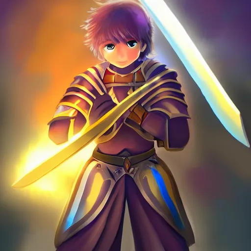 Prompt: A paladin wielding a giant sword surrounded by bright light, by AgusSW