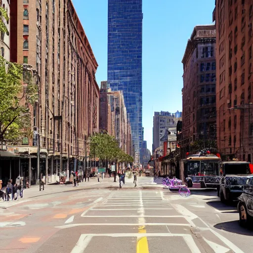 Prompt: This Kind Of Smart, Walkable, Mixed-use Urbanism Is Illegal To Build In Most American Cities, 1910s architecture, new york city, chicago, victorian architecture, art deco, 1940s, tall buildings, skyscrapers, tenement buildings, no cars, pedestrian friendly, bike infrastructure, people walking around, apartments, amazing color photograph, award winning, national geographic, highly detailed, gorgeous lighting, photorealistic