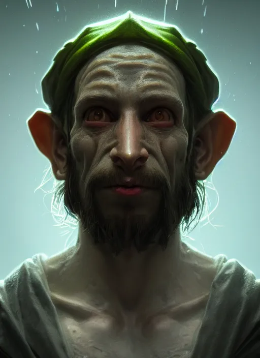 Image similar to portrait of goblin Jesus Christ, perfect facial symmetry + dim volumetric lighting, 8k octane beautifully detailed render, post-processing, extremely hyperdetailed, intricate, epic composition, grim yet sparkling atmosphere, cinematic lighting + masterpiece, trending on artstation