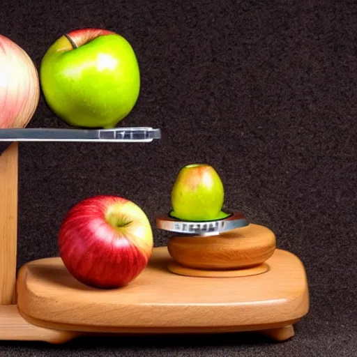 Prompt: set of balance scales with weights, weighing one apple and one onion