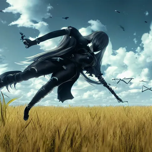 Prompt: a high resolution very detailed image of yorha android fighting a helicopter in nier : automata boss fight, in yellow rye field under blue sky