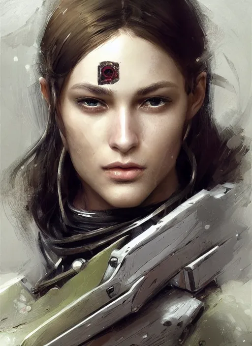 Image similar to a professional painting of a beautiful young female, clothed in military armor, olive skin, long dark hair, beautiful bone structure, symmetrical facial features, intricate, elegant, digital painting, concept art, smooth, sharp focus, illustration, from Metal Gear, by Ruan Jia and Mandy Jurgens and Artgerm and William-Adolphe Bouguerea