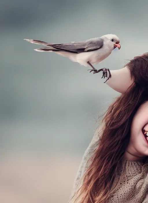 Image similar to a beautiful detailed portrait photo of a girl excited while holding hands with a bird with a, realistic, f 8, 4 k hd wallpaper