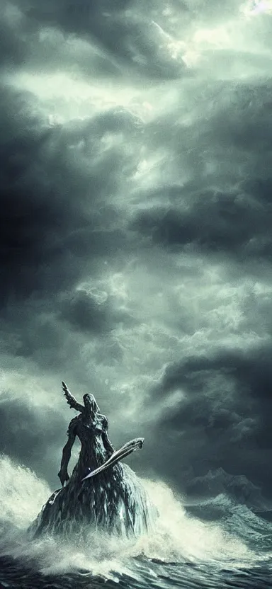 Image similar to giant creepy monster made of water, made of liquid, rising up from ocean, water armor, high detail, high contrast, close up portrait, studio lighting, stormy seas, beautiful, bokeh, snowy, storm clouds, god rays, d & d, fantasy, elegant, aquamarine color palette, concept art, roger deakins and greg rutkowski and alphonse mucha